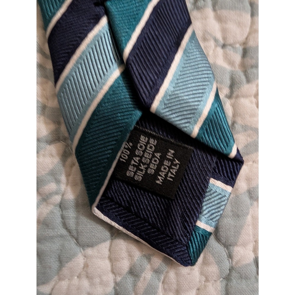 Ermenegildo Zegna Mens Silk Tie Teal Navy Blue White Diagonal Stripe Made Italy - Picture 4 of 4